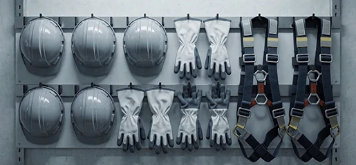 PPE arranged on a workshop wall rack