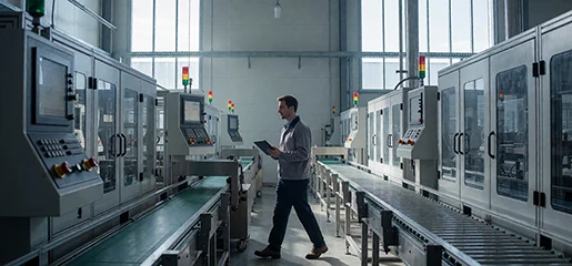 Automated production plant interior with control cabinets and an engineer walking the line