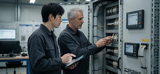 Engineers reviewing wiring inside an open low-voltage control cabinet