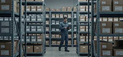 Organized industrial components warehouse with labeled shelves