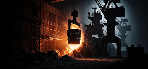 Steel meltshop interior with a glowing ladle and overhead cranes