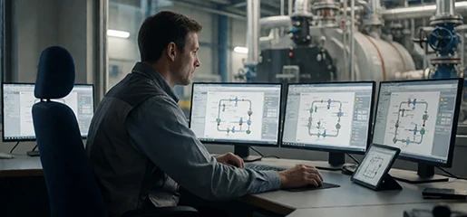 Automation engineer at a control-room desk with SCADA process screens