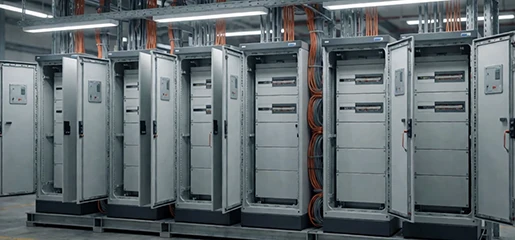 Row of freshly built electrical panels with doors open in the workshop
