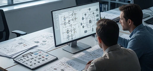 Design office with schematics on screens