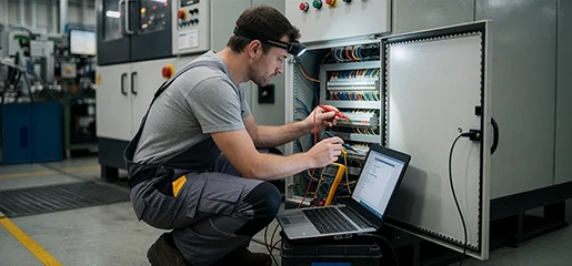 Technician diagnosing at an open panel