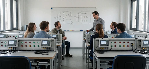 Classroom workshop with PLC training rigs